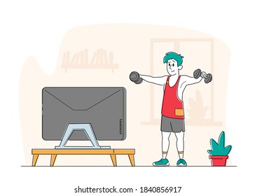 Healthy Lifestyle. Sportsman Training at Home front of Television. Male Character in Sportswear Workout with Weight. Bodybuilding Exercises, Fitness Sport Activity. Linear People Vector Illustration