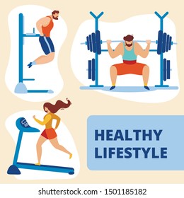 Healthy Lifestyle Square Banner. Athletics Sportsman and Sportswoman Training in Gym, Running on Treadmill, Squatting with Barbell, Engaged in Weightlifting Workout. Cartoon Flat Vector Illustration