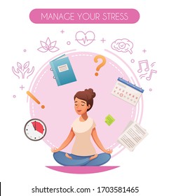 Healthy lifestyle stress managing circular cartoon composition with sitting in yoga lotus pose music meditation vector illustration 
