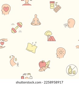 Healthy lifestyle and stress relief seamless pattern in colored line style. Vector illustration.