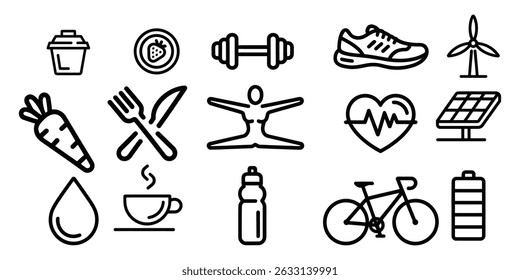Healthy Lifestyle and Sustainability Icon Set in Black and White Outline