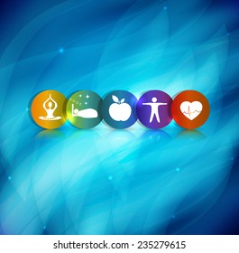 Healthy lifestyle symbol background. Healthy food and fitness leads to healthy heart. Beautiful blue abstract background.