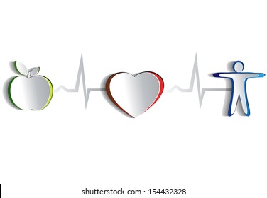 Healthy lifestyle symbol collection. Paper looking design.  Healthy food and fitness leads to healthy heart and life. Symbols connected with heart rate monitoring line. Isolated on a white background.