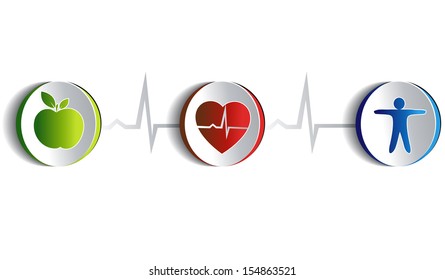 Healthy lifestyle symbol collection. Paper looking design.  Healthy food and fitness leads to healthy heart and life. Symbols connected with heart rate monitoring line. Isolated on white.  