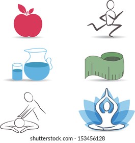 Healthy lifestyle symbol collection.Healthy food, exercises, normal weight, drinking water, relaxation and meditation. Isolated on a white background.