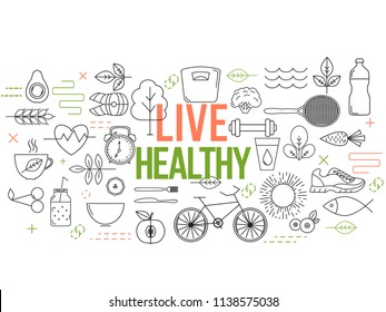 Healthy lifestyle template. Modern design thin line elements connected with sport, nutrition and health.