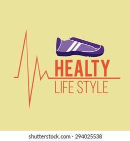 healthy lifestyle and tennis shoes over yellow color background