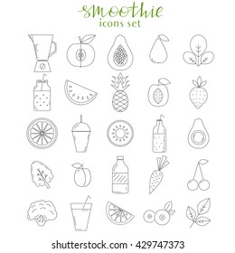 Healthy lifestyle thin line icons. Fruits, vegetables, jars and blender