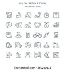 Healthy lifestyle thin line icons set. Modern icons on theme fitness, nutrition and dieting