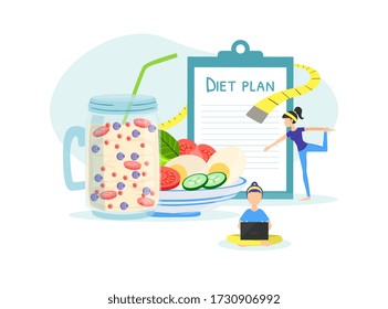 Healthy Lifestyle, Tiny People Doing Sports Exercises, Maintaining Weight with Balanced Diet, Healthy Habits, Fitness Training, Dietary Nutrition Flat Vector Illustration