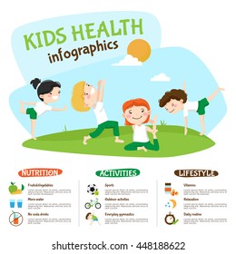 Healthy Lifestyle Tips For Kids Infographic Poster Webpage With Children Practicing Yoga Outdoors Funny Abstract Vector Illustration 