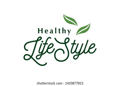 Healthy Lifestyle Title Text with two green leaves-Curvy Letters Typography Logo Concept for a Vegan Diet