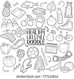 Healthy Lifestyle Tools Nutrition Healthy Food Traditional Doodle Icons Sketch Hand Made Design Vector Clip Art.