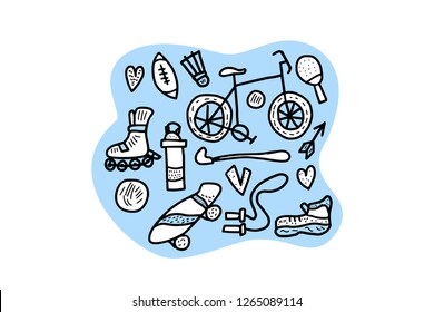  Healthy lifestyle tools,  symbols in doodle style. Sport activities.Fitness vector concept.