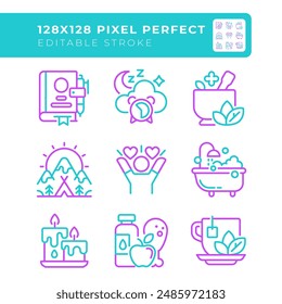 Healthy lifestyle two color line icons set. Meditation and practices. Hygiene and relaxation. Health care bicolor outline iconset isolated. Duotone pictograms thin linear. Editable stroke