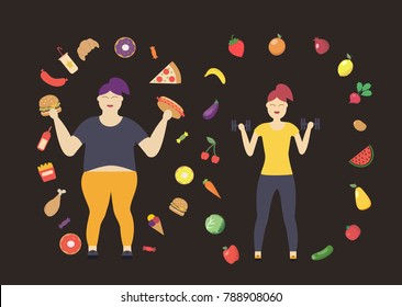 Healthy lifestyle. Two girls, one fat, who is surrounded by harmful food and fast food, the second girl is thin, holding a dumbbell in her hands, which is surrounded by healthy food. Vector