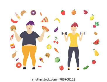 Healthy lifestyle. Two girls, one fat, who is surrounded by harmful food and fast food, the second girl is thin, holding a dumbbell in her hands, which is surrounded by healthy food. Vector