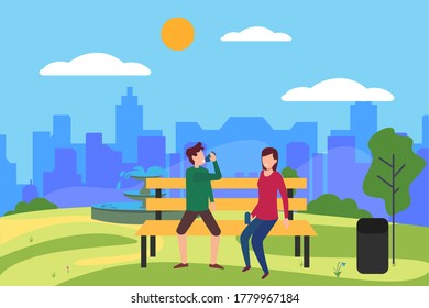 Healthy lifestyle vector concept: couple sitting on a park bench and drinking water after working out