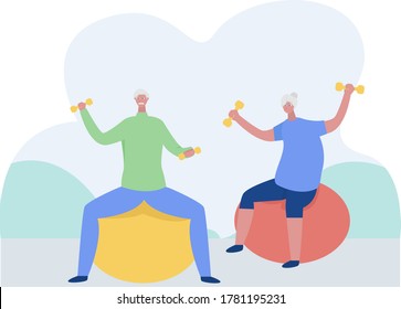 Healthy lifestyle vector concept: elderly couple sitting on gym balls while lifting weights