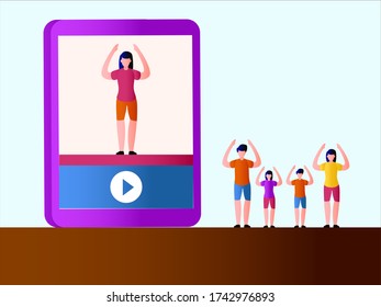 Healthy lifestyle vector concept: Family of four working out together following instructor on a video player