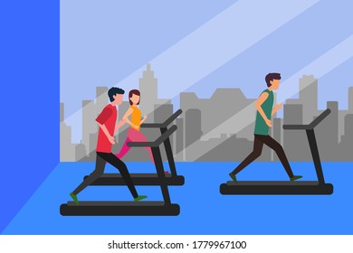Concepto vectorial del molino de lectura: grupo de personas que corren en las cintas de correr del gimnasio