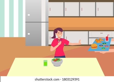 Healthy lifestyle vector concept: portrait of beautiful woman refusing a tray full of junk foods while eating a bowl of salad in the kitchen