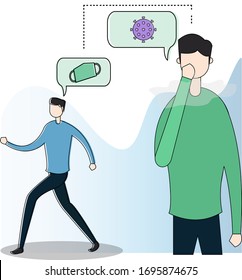 Healthy lifestyle vector concept with two male figures thinking of face mask and purple germs, isolated in white background