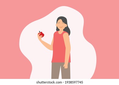 Healthy lifestyle vector concept: Woman eating a red while standing and smiling