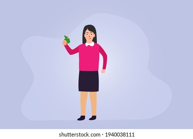 Healthy lifestyle vector concept: Young woman eating a green apple while standing with purple background