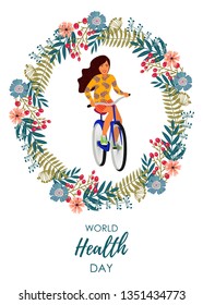 Healthy lifestyle. Vector cute illustration with girl on a bicycle inside a floral wreath on a white background.