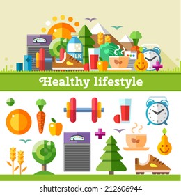 Healthy Lifestyle. Vector Flat Icon Set, Illustration: Sport, Running, Exercise, Gymnastic, Walking In Woods, Fresh Air, Proper Nutrition, Healthy Food, Fruits, Vegetables, Vitamins, Cereals, Schedule