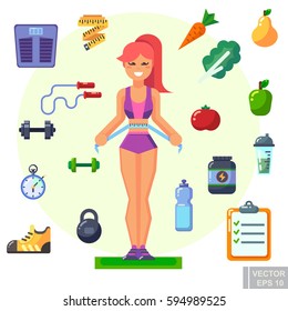 Healthy lifestyle. Vector flat icon set illustration sport running exercise gymnastic proper nutrition healthy food fruits vegetables vitamins cereals schedule eps10.