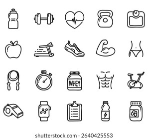 Healthy Lifestyle Vector Icon Set | Adjustable Line Weight | Fitness, nutrition, exercise, wellness, sleep, yoga, meditation, heart rate, gym, hiking, cycling, sports, health monitoring icons