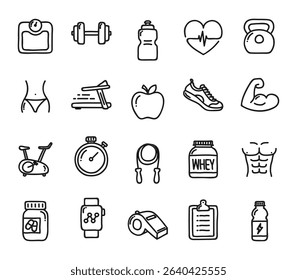 Healthy Lifestyle Vector Icon Set | Adjustable Line Weight | Fitness, nutrition, exercise, wellness, sleep, yoga, meditation, heart rate, gym, hiking, cycling, sports, health monitoring icons