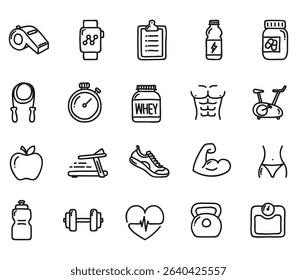 Healthy Lifestyle Vector Icon Set | Adjustable Line Weight | Fitness, nutrition, exercise, wellness, sleep, yoga, meditation, heart rate, gym, hiking, cycling, sports, health monitoring icons