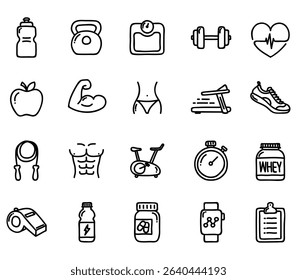 Healthy Lifestyle Vector Icon Set | Adjustable Line Weight | Fitness, nutrition, exercise, wellness, sleep, yoga, meditation, heart rate, gym, hiking, cycling, sports, health monitoring icons