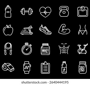 Healthy Lifestyle Vector Icon Set | Adjustable Line Weight | Fitness, nutrition, exercise, wellness, sleep, yoga, meditation, heart rate, gym, hiking, cycling, sports, health monitoring icons