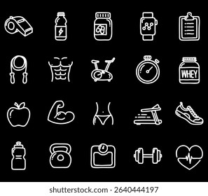 Healthy Lifestyle Vector Icon Set | Adjustable Line Weight | Fitness, nutrition, exercise, wellness, sleep, yoga, meditation, heart rate, gym, hiking, cycling, sports, health monitoring icons