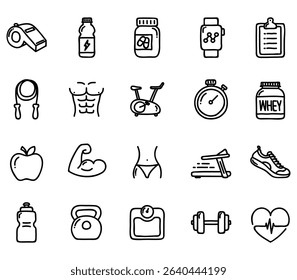 Healthy Lifestyle Vector Icon Set | Adjustable Line Weight | Fitness, nutrition, exercise, wellness, sleep, yoga, meditation, heart rate, gym, hiking, cycling, sports, health monitoring icons