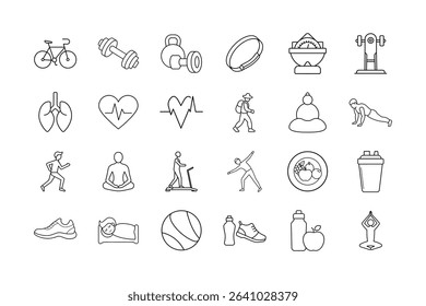 Healthy Lifestyle Vector Icon Set. Fitness, Exercise, Running, Yoga, Heart Rate, Walking, Gym Equipment, Healthy Eating, Sleep, Water Bottles, Sports, Meditation, and more. Vector Illustration.