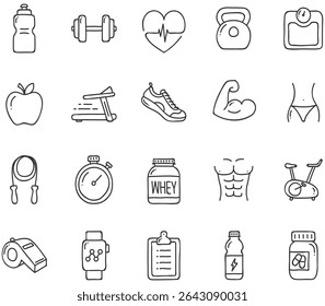 Healthy Lifestyle Vector Icon Set | Adjustable Line Weight | Fitness, nutrition, exercise, wellness, sleep, yoga, meditation, heart rate, gym, hiking, cycling, sports, health monitoring icons