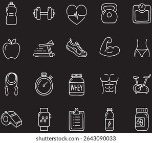Healthy Lifestyle Vector Icon Set | Adjustable Line Weight | Fitness, nutrition, exercise, wellness, sleep, yoga, meditation, heart rate, gym, hiking, cycling, sports, health monitoring icons