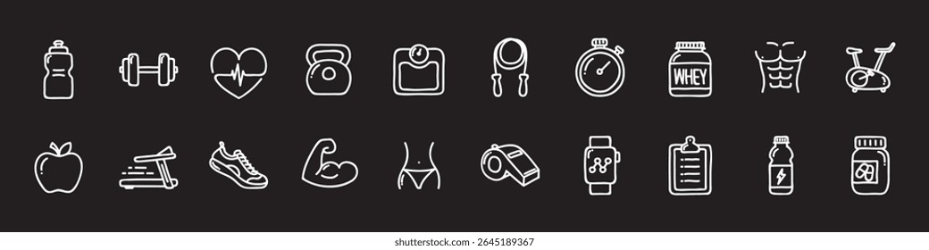 Healthy Lifestyle Vector Icon Set | Adjustable Line Weight | Fitness, nutrition, exercise, wellness, sleep, yoga, meditation, heart rate, gym, hiking, cycling, sports, health monitoring icons