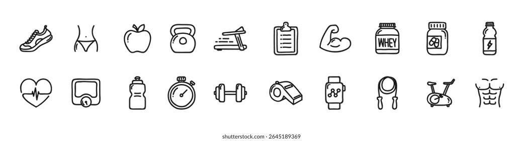 Healthy Lifestyle Vector Icon Set | Adjustable Line Weight | Fitness, nutrition, exercise, wellness, sleep, yoga, meditation, heart rate, gym, hiking, cycling, sports, health monitoring icons