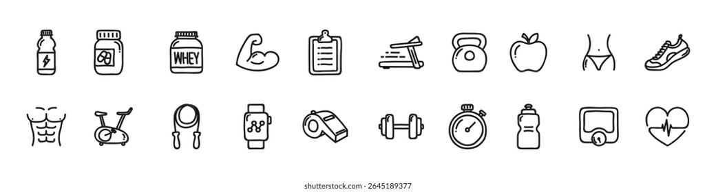 Healthy Lifestyle Vector Icon Set | Adjustable Line Weight | Fitness, nutrition, exercise, wellness, sleep, yoga, meditation, heart rate, gym, hiking, cycling, sports, health monitoring icons