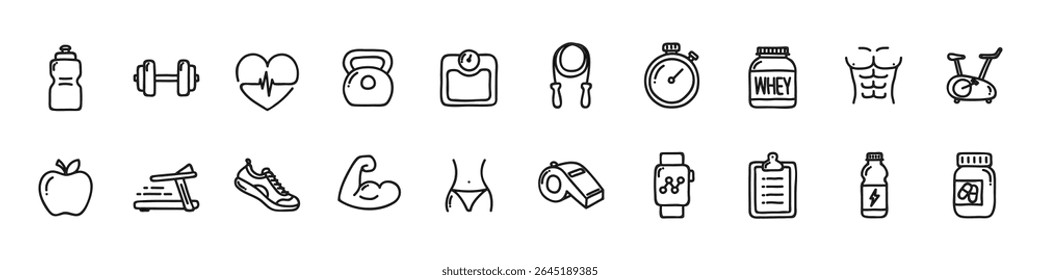 Healthy Lifestyle Vector Icon Set | Adjustable Line Weight | Fitness, nutrition, exercise, wellness, sleep, yoga, meditation, heart rate, gym, hiking, cycling, sports, health monitoring icons