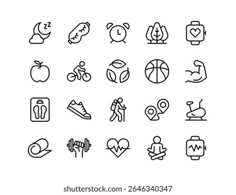 Healthy Lifestyle Vector Icon Set | Adjustable Line Weight | Fitness, nutrition, exercise, wellness, sleep, yoga, meditation, heart rate, gym, hiking, cycling, sports, health monitoring icons