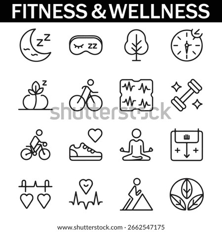 Healthy Lifestyle Vector Icon Set with Adjustable Line Weight Featuring Fitness, Nutrition, Exercise, Wellness, Sleep, Yoga, Meditation, Heart Rate, Gym, Hiking, Cycling, Sports, and Health Monitoring
