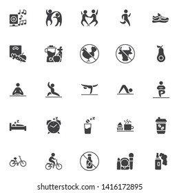 Healthy lifestyle vector icons set, modern solid symbol collection, filled style pictogram pack. Signs, logo illustration. Set includes icons as Dancers couple, Running man, Sport shoe, Weight loss