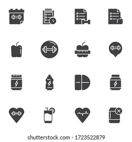 Healthy lifestyle vector icons set, modern solid symbol collection, sport and fitness filled style pictogram pack. Signs, logo illustration. Set includes icons as cardio training, diet food, nutrition